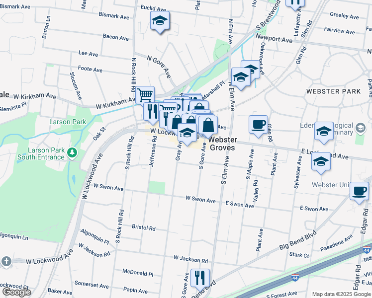 map of restaurants, bars, coffee shops, grocery stores, and more near 20 Gray Avenue in Webster Groves