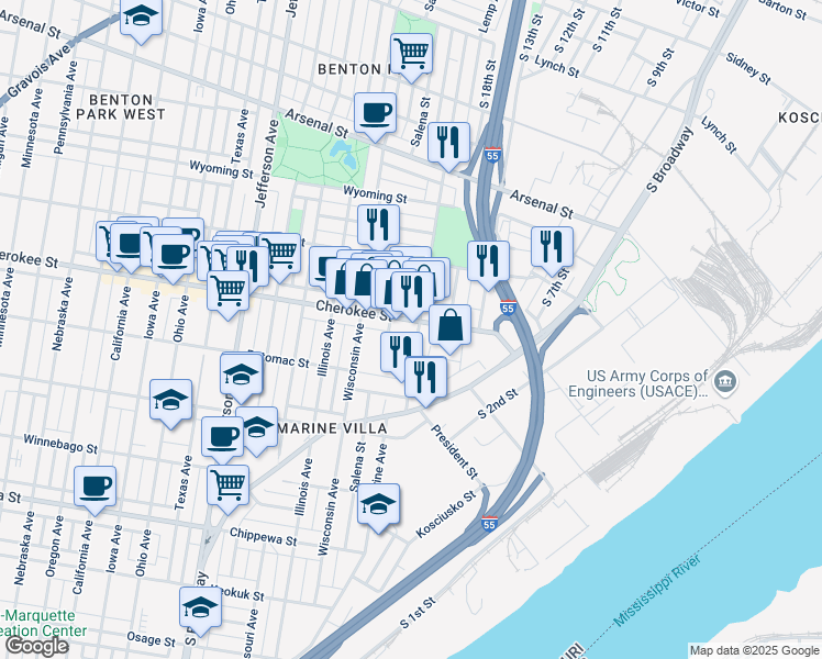 map of restaurants, bars, coffee shops, grocery stores, and more near 3413 Lemp Avenue in St. Louis
