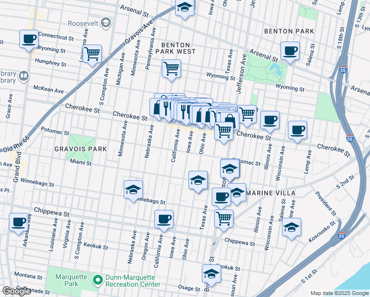 map of restaurants, bars, coffee shops, grocery stores, and more near 3457 Iowa Avenue in St. Louis
