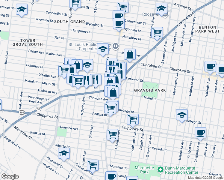 map of restaurants, bars, coffee shops, grocery stores, and more near 3608 Gravois Avenue in St. Louis