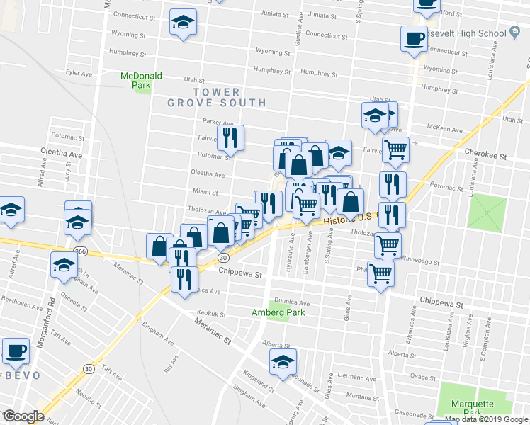 map of restaurants, bars, coffee shops, grocery stores, and more near 3905 Tholozan Avenue in St. Louis