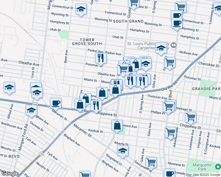 map of restaurants, bars, coffee shops, grocery stores, and more near 3905 Tholozan Avenue in St. Louis