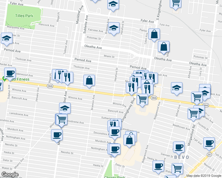 map of restaurants, bars, coffee shops, grocery stores, and more near 5016 Chippewa Street in St. Louis