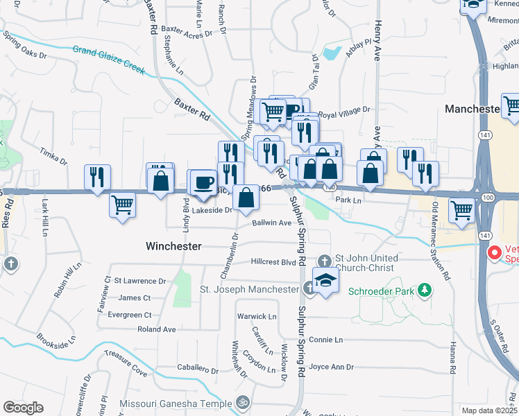 map of restaurants, bars, coffee shops, grocery stores, and more near 404 Lakeside Drive in Ballwin
