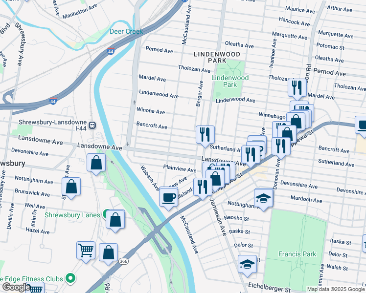 map of restaurants, bars, coffee shops, grocery stores, and more near 6950 Sutherland Avenue in Saint Louis