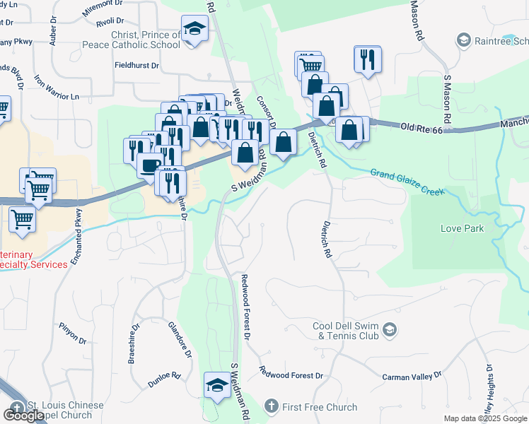 map of restaurants, bars, coffee shops, grocery stores, and more near 300 Redwood Forest Court in Ballwin
