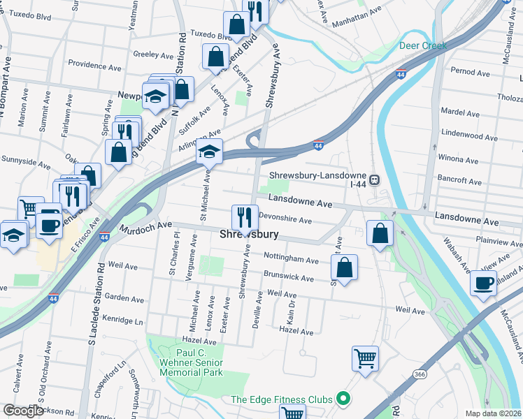 map of restaurants, bars, coffee shops, grocery stores, and more near 7501 Devonshire Avenue in St. Louis