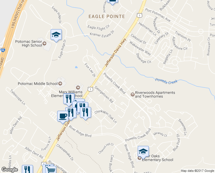 map of restaurants, bars, coffee shops, grocery stores, and more near 16567 Sherwood Place in Woodbridge
