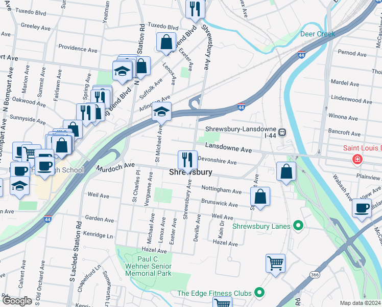 map of restaurants, bars, coffee shops, grocery stores, and more near 7501 Devonshire Avenue in St. Louis