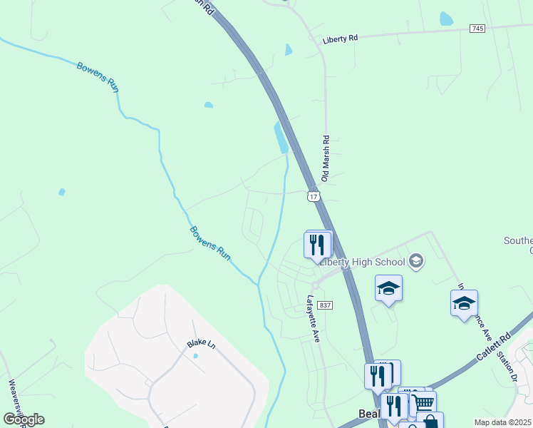 map of restaurants, bars, coffee shops, grocery stores, and more near 4114 Clarke Street in Bealeton