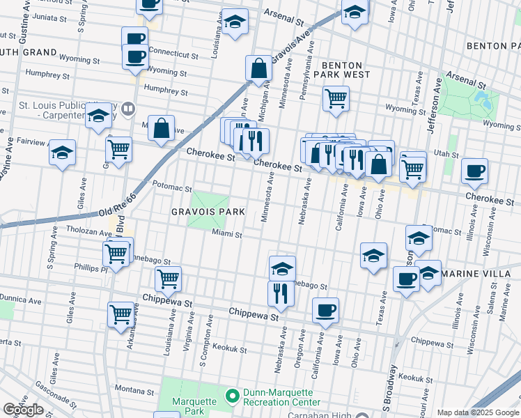 map of restaurants, bars, coffee shops, grocery stores, and more near 3511 Minnesota Avenue in St. Louis