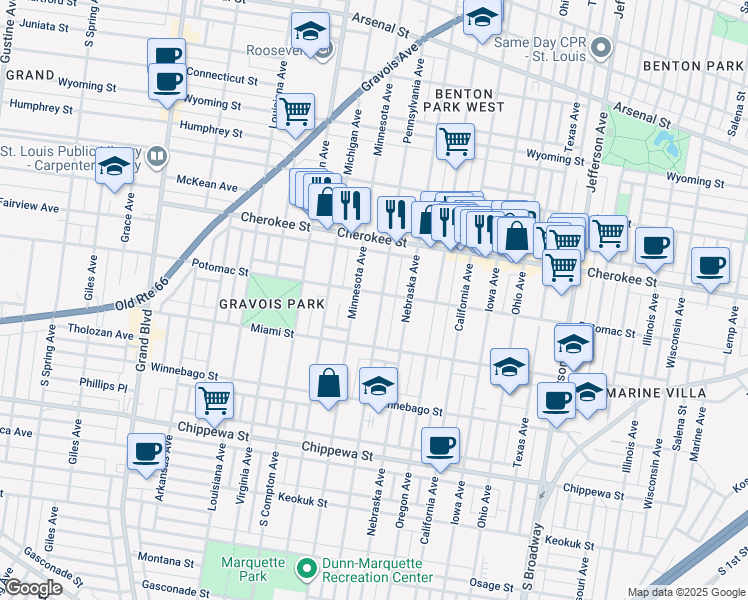 map of restaurants, bars, coffee shops, grocery stores, and more near 3000 Potomac Street in St. Louis