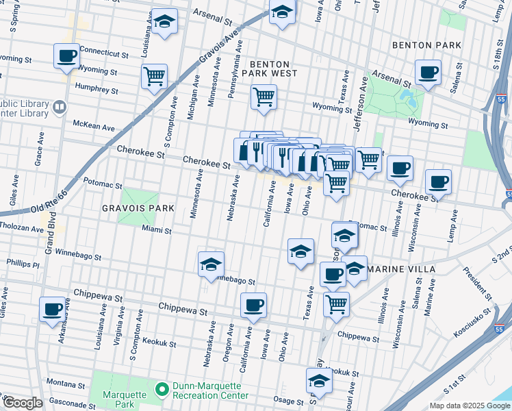 map of restaurants, bars, coffee shops, grocery stores, and more near 3458 Oregon Avenue in St. Louis