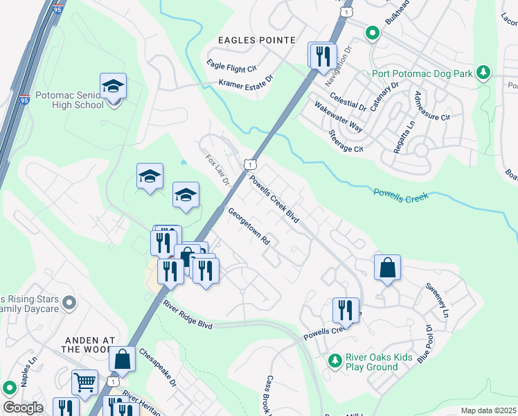 map of restaurants, bars, coffee shops, grocery stores, and more near 16567 Sherwood Place in Woodbridge