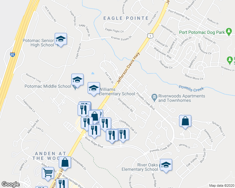 map of restaurants, bars, coffee shops, grocery stores, and more near 16617 Georgetown Road in Woodbridge