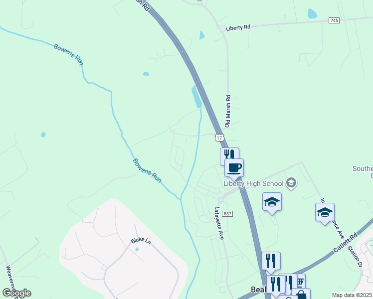 map of restaurants, bars, coffee shops, grocery stores, and more near 4114 Clarke Street in Bealeton