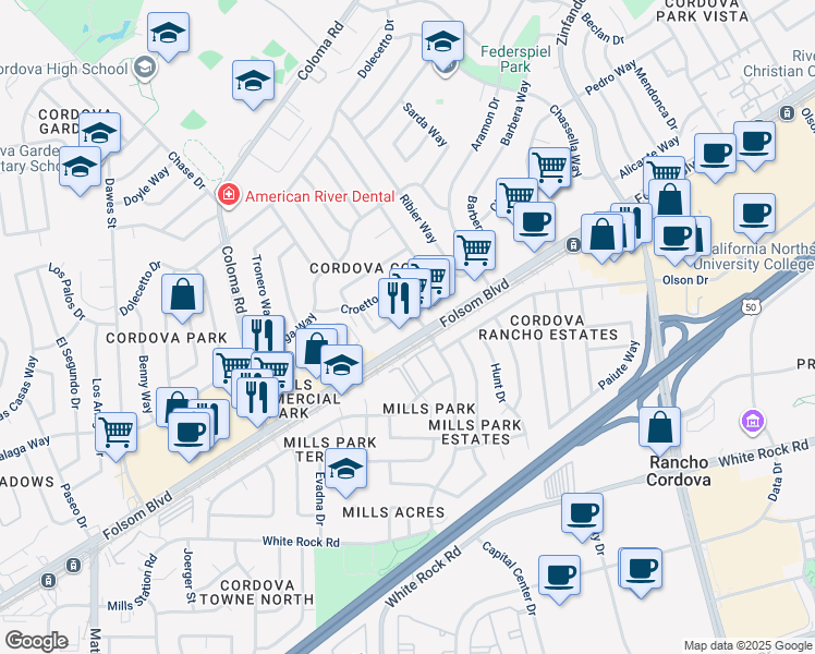 map of restaurants, bars, coffee shops, grocery stores, and more near 10493 Folsom Boulevard in Rancho Cordova