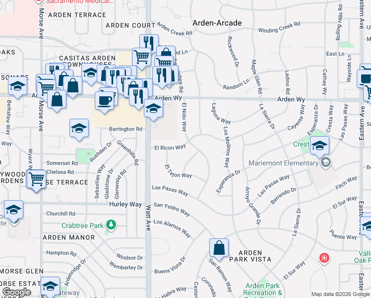 map of restaurants, bars, coffee shops, grocery stores, and more near 3568 El Ricon Way in Sacramento