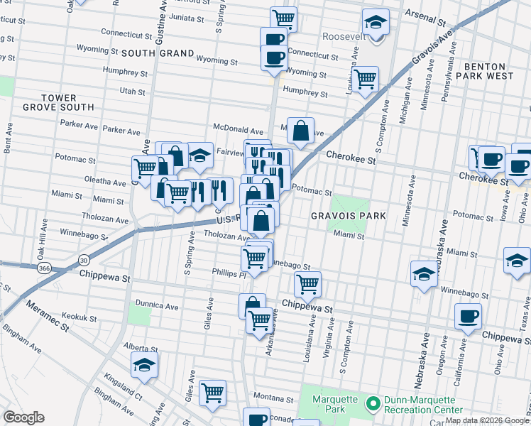 map of restaurants, bars, coffee shops, grocery stores, and more near 3519 Miami Street in St. Louis