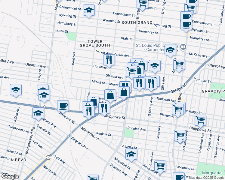 map of restaurants, bars, coffee shops, grocery stores, and more near 3968 Tholozan Avenue in St. Louis