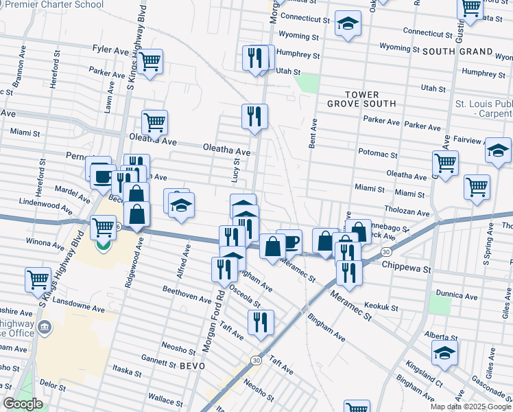 map of restaurants, bars, coffee shops, grocery stores, and more near in St. Louis