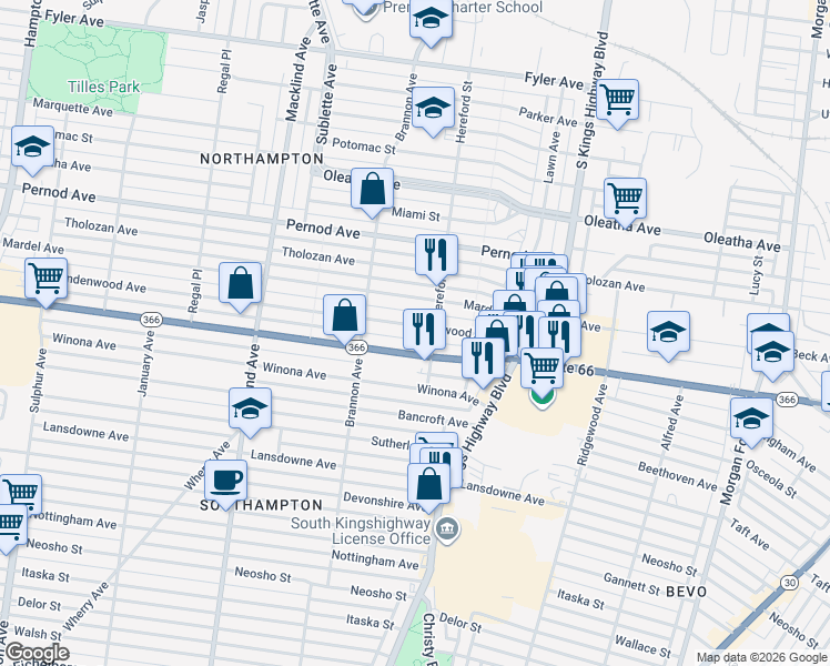 map of restaurants, bars, coffee shops, grocery stores, and more near 5016 Chippewa Street in St. Louis
