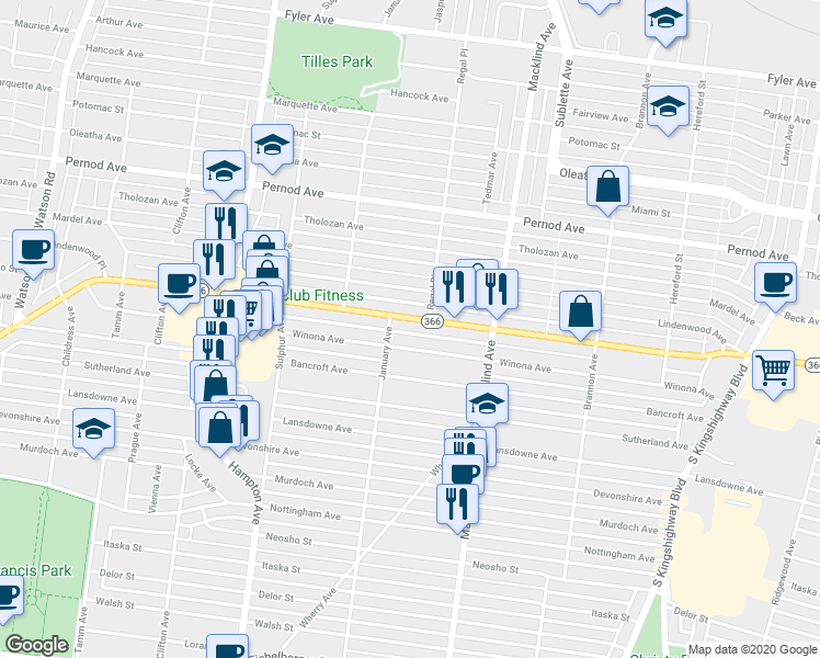 map of restaurants, bars, coffee shops, grocery stores, and more near 5523 Winona Avenue in St. Louis