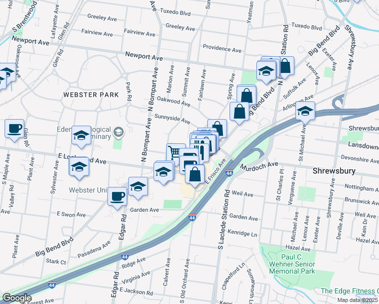 map of restaurants, bars, coffee shops, grocery stores, and more near 21 North Old Orchard Avenue in Webster Groves