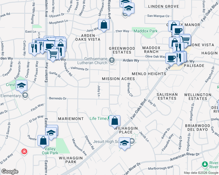 map of restaurants, bars, coffee shops, grocery stores, and more near 1502 Joby Lane in Sacramento