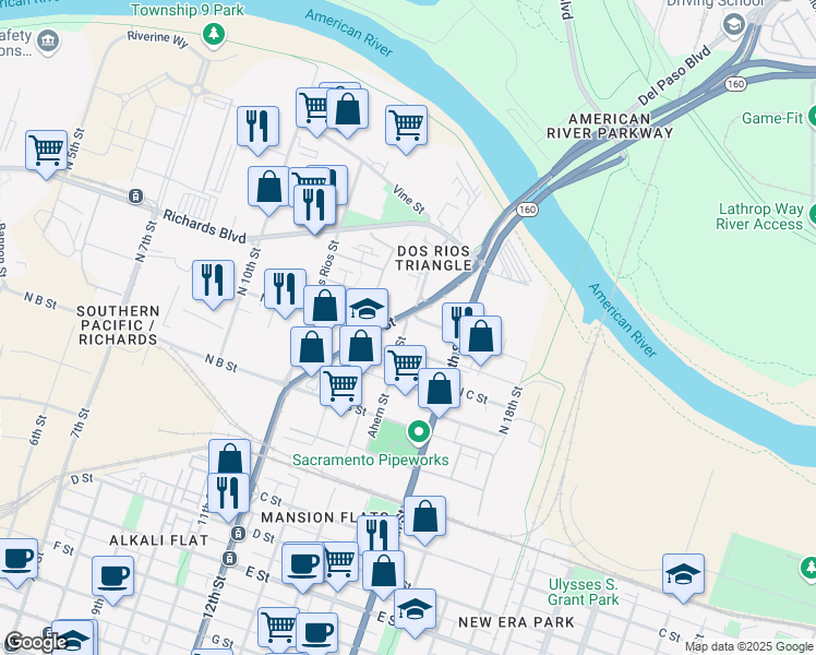 map of restaurants, bars, coffee shops, grocery stores, and more near 321 North 12th Street in Sacramento