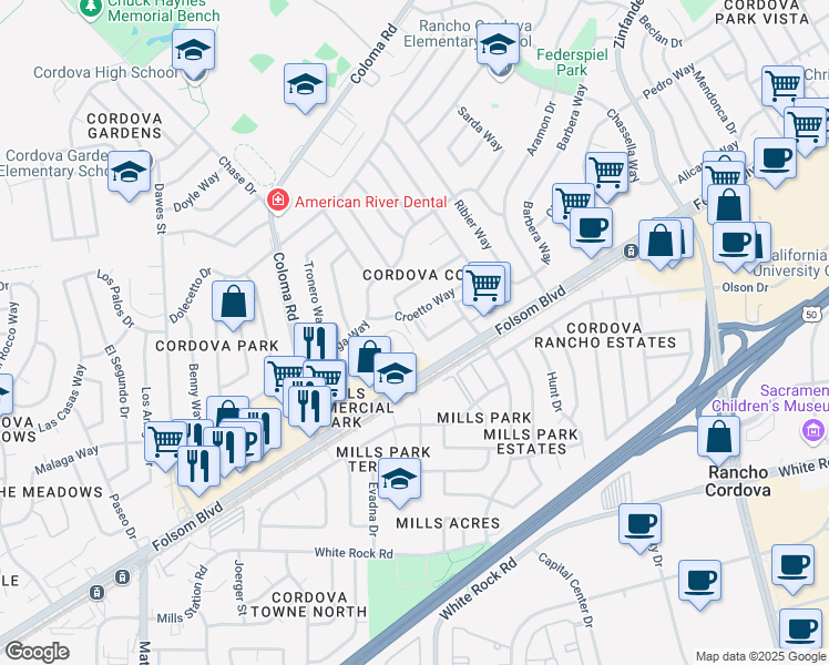 map of restaurants, bars, coffee shops, grocery stores, and more near 2708 Woodberry Way in Rancho Cordova