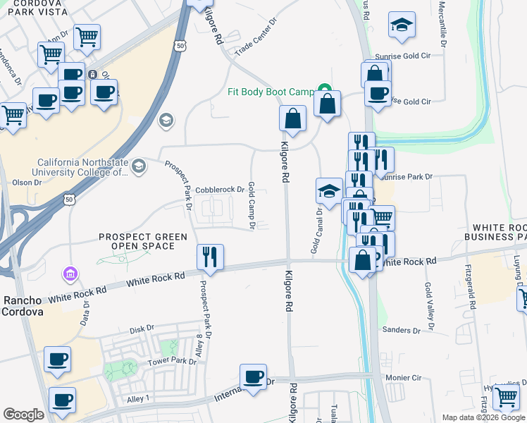 map of restaurants, bars, coffee shops, grocery stores, and more near 3065 Gold Camp Drive in Rancho Cordova