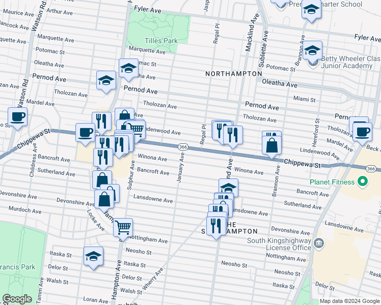 map of restaurants, bars, coffee shops, grocery stores, and more near 5523 Winona Avenue in St. Louis