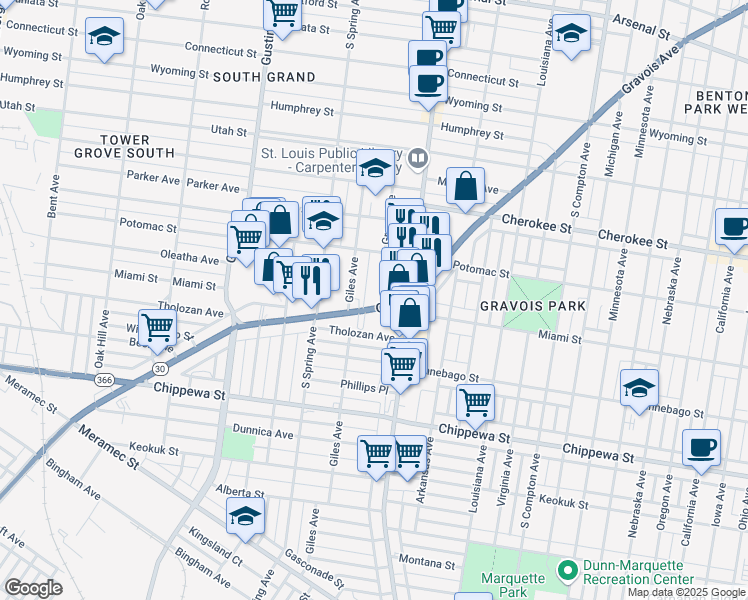 map of restaurants, bars, coffee shops, grocery stores, and more near 3654 State Route 30 in St. Louis