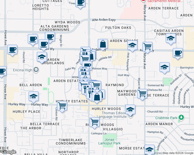 map of restaurants, bars, coffee shops, grocery stores, and more near 1511 Rowena Way in Sacramento