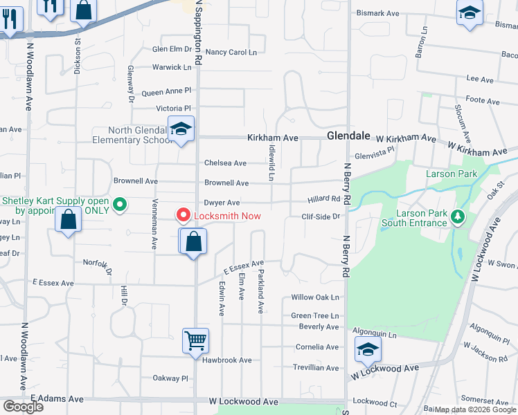 map of restaurants, bars, coffee shops, grocery stores, and more near 942 Dwyer Avenue in Kirkwood