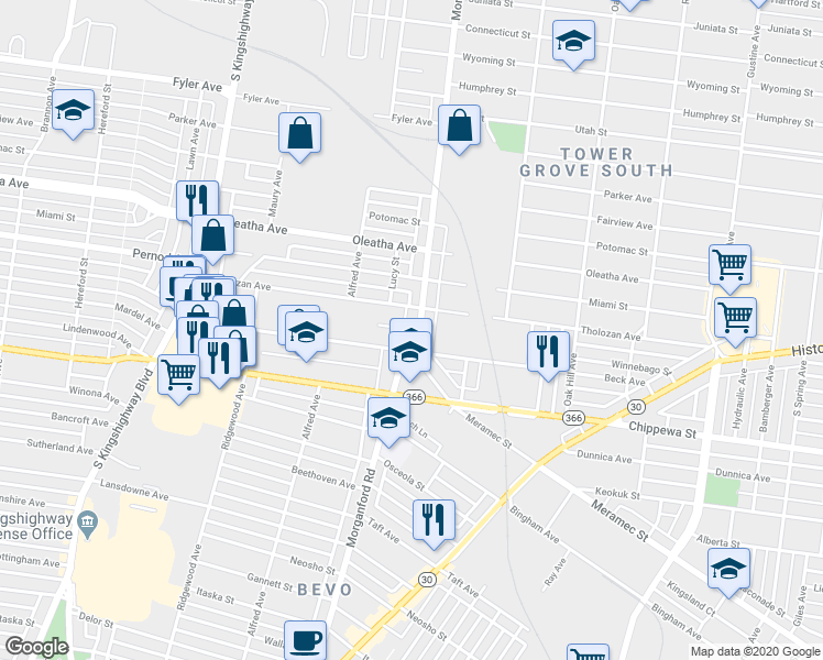 map of restaurants, bars, coffee shops, grocery stores, and more near 4323 Beck Avenue in St. Louis