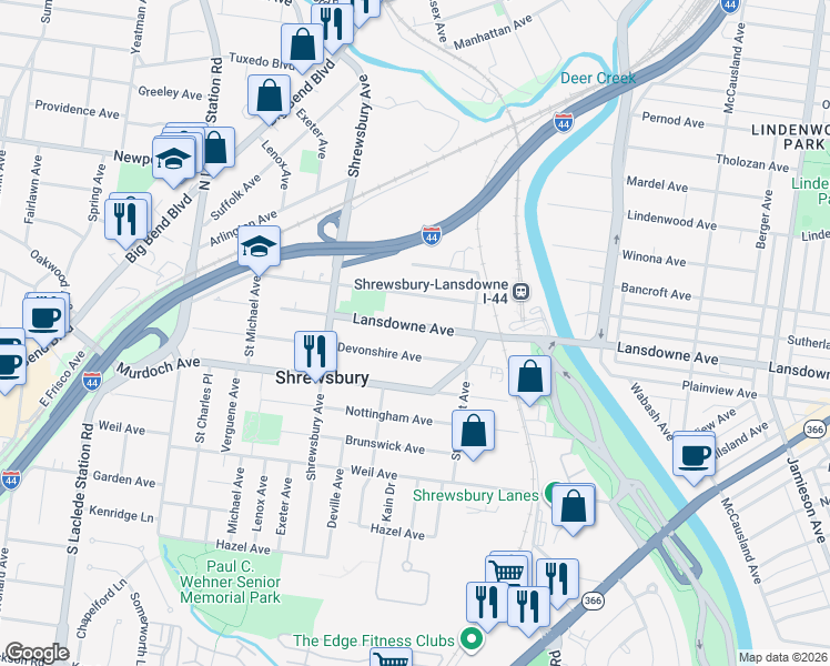 map of restaurants, bars, coffee shops, grocery stores, and more near 7326 Lansdowne Avenue in St. Louis