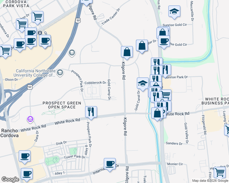 map of restaurants, bars, coffee shops, grocery stores, and more near 3065 Gold Camp Drive in Rancho Cordova