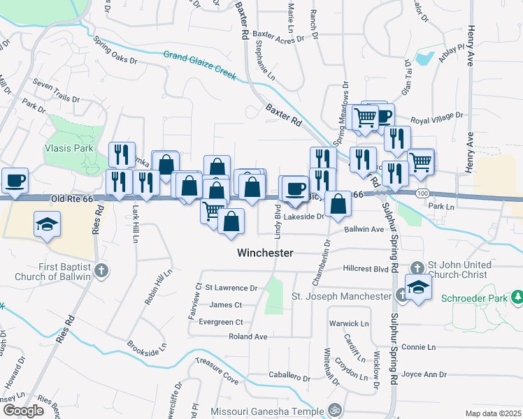 map of restaurants, bars, coffee shops, grocery stores, and more near 112 Solley Drive in Ballwin