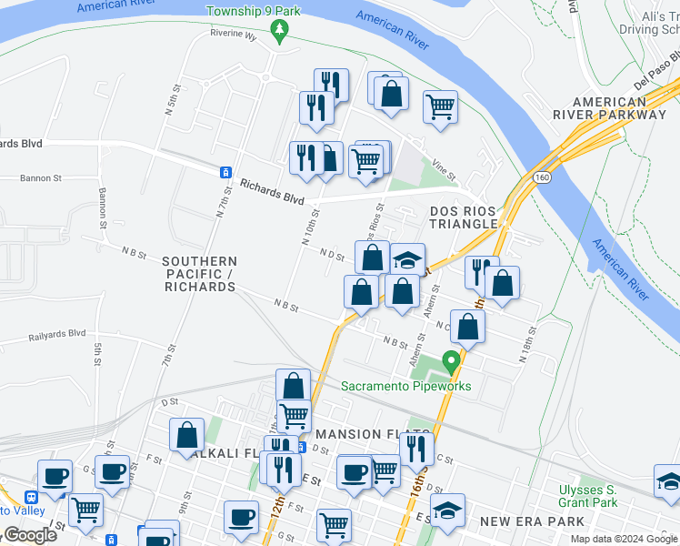 map of restaurants, bars, coffee shops, grocery stores, and more near 250 Dos Rios Street in Sacramento