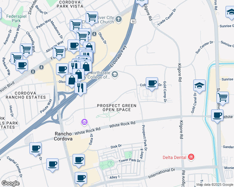 map of restaurants, bars, coffee shops, grocery stores, and more near 10901 Gold Center Drive in Rancho Cordova