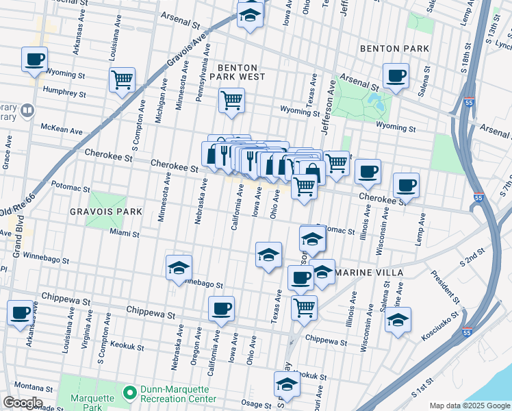map of restaurants, bars, coffee shops, grocery stores, and more near 3443 Iowa Avenue in Saint Louis