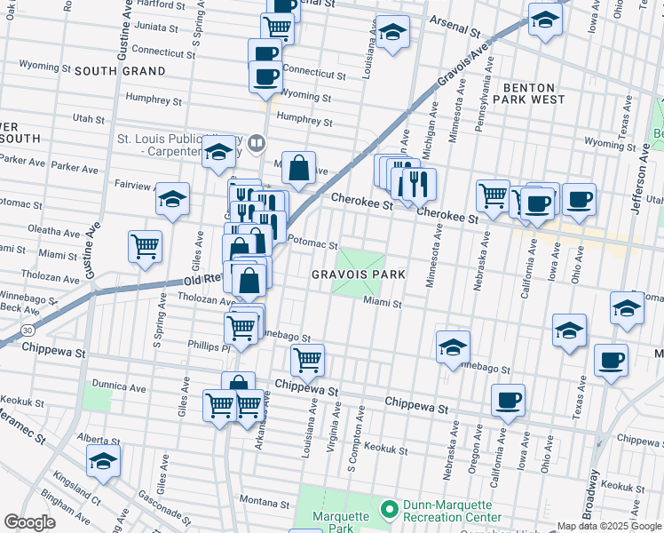 map of restaurants, bars, coffee shops, grocery stores, and more near 3525 Louisiana Avenue in Saint Louis