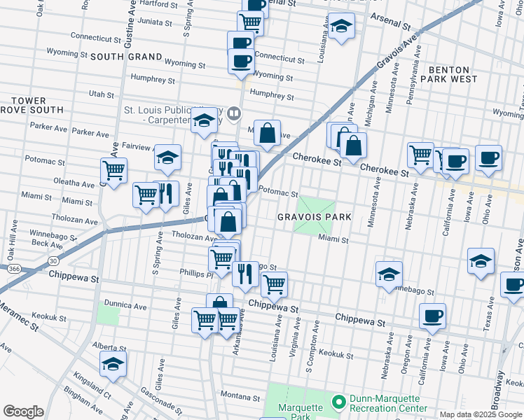 map of restaurants, bars, coffee shops, grocery stores, and more near 3532 Arkansas Avenue in St. Louis