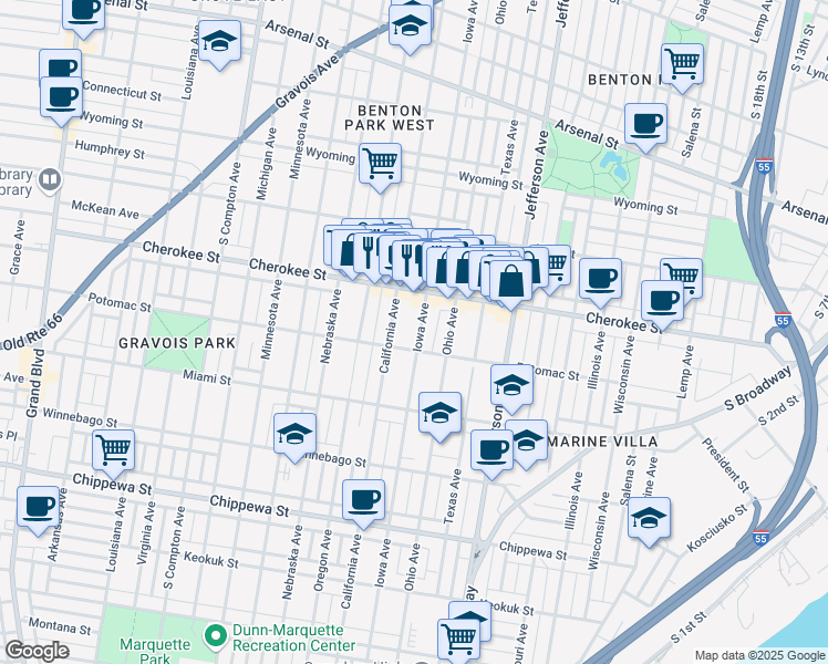 map of restaurants, bars, coffee shops, grocery stores, and more near 3443 Iowa Avenue in St. Louis