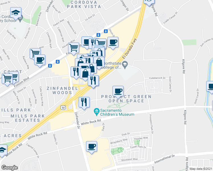 map of restaurants, bars, coffee shops, grocery stores, and more near 2868 Prospect Park Drive in Rancho Cordova