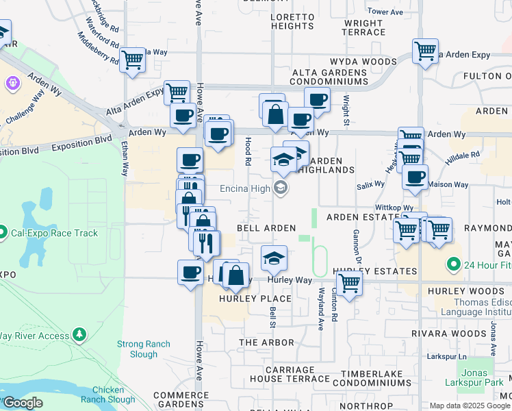 map of restaurants, bars, coffee shops, grocery stores, and more near 1446 Hood Road in Sacramento