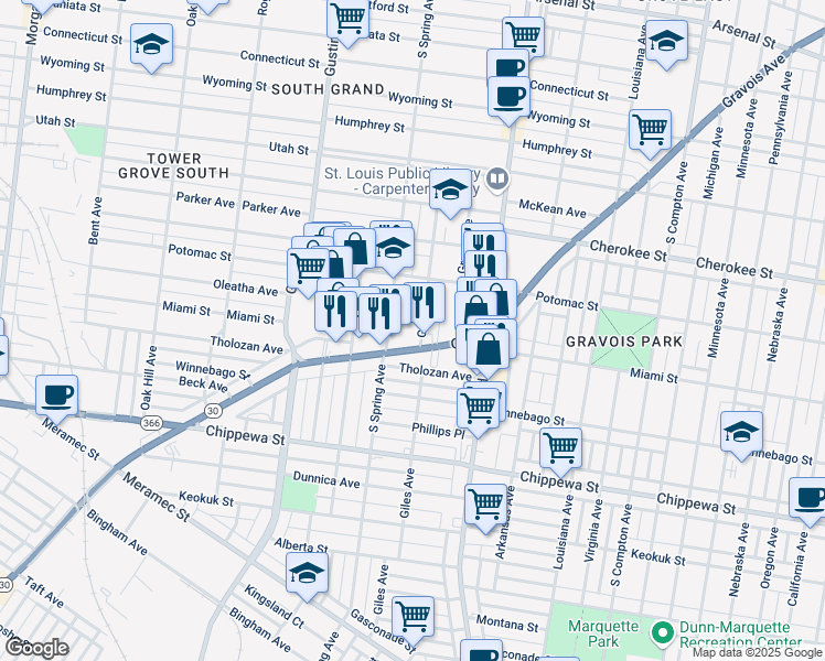 map of restaurants, bars, coffee shops, grocery stores, and more near 3719 Gravois Avenue in St. Louis