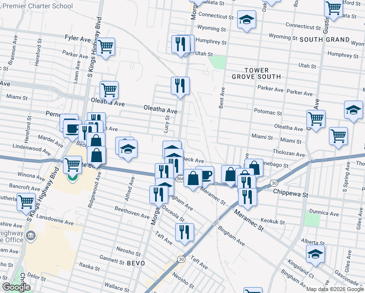 map of restaurants, bars, coffee shops, grocery stores, and more near in St. Louis
